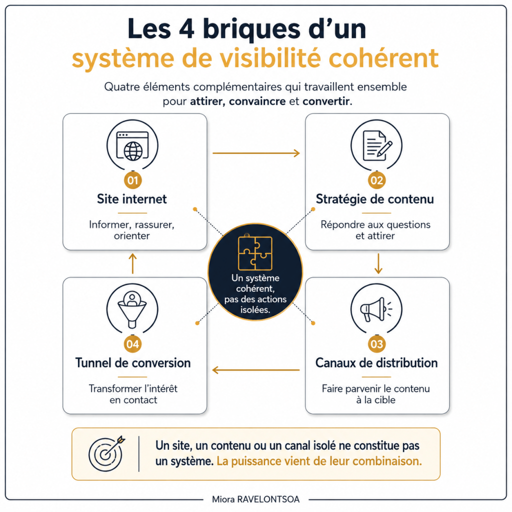 Infographie présentant les quatre éléments d’un système de visibilité : site internet, stratégie de contenu, canaux de distribution et tunnel de conversion.