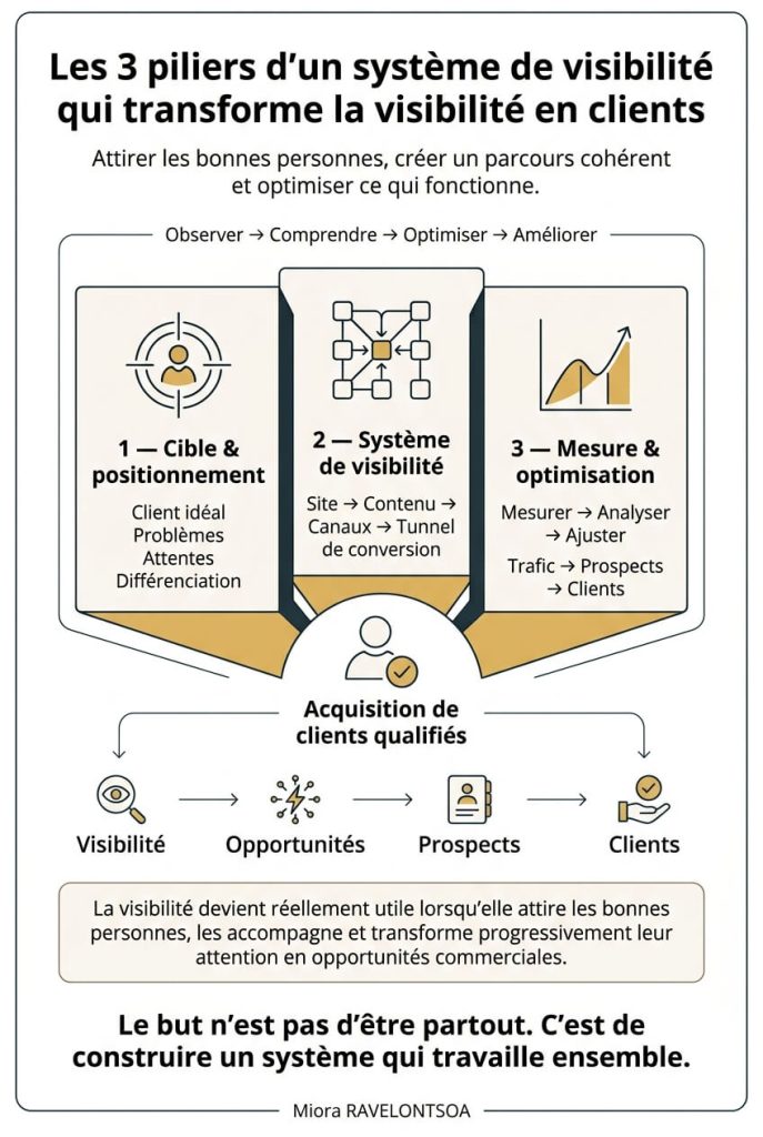 Schéma présentant les trois piliers d’un système de visibilité pour attirer des clients qualifiés : cible et positionnement, visibilité, mesure et optimisation.