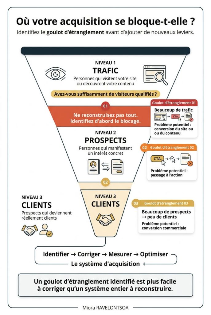 Schéma de diagnostic d’un parcours d’acquisition montrant les étapes trafic, prospects et clients pour identifier un point de blocage.