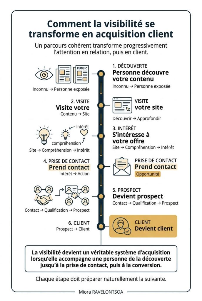 Diagramme montrant les étapes qui mènent d’une découverte de contenu à la prise de contact puis à la conversion en client.