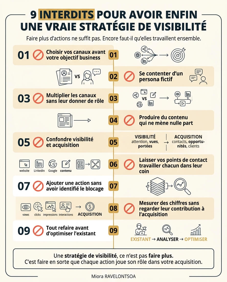 Infographie présentant neuf erreurs à éviter pour structurer ses actions de visibilité et d'acquisition