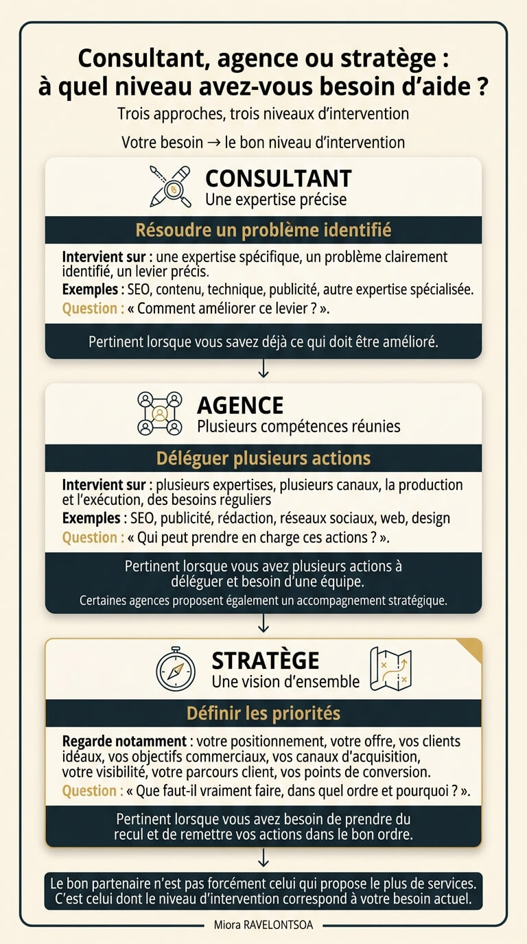 Infographie synthétisant l'article sur : quel partenaire choisir pour son accompagnement stratgique