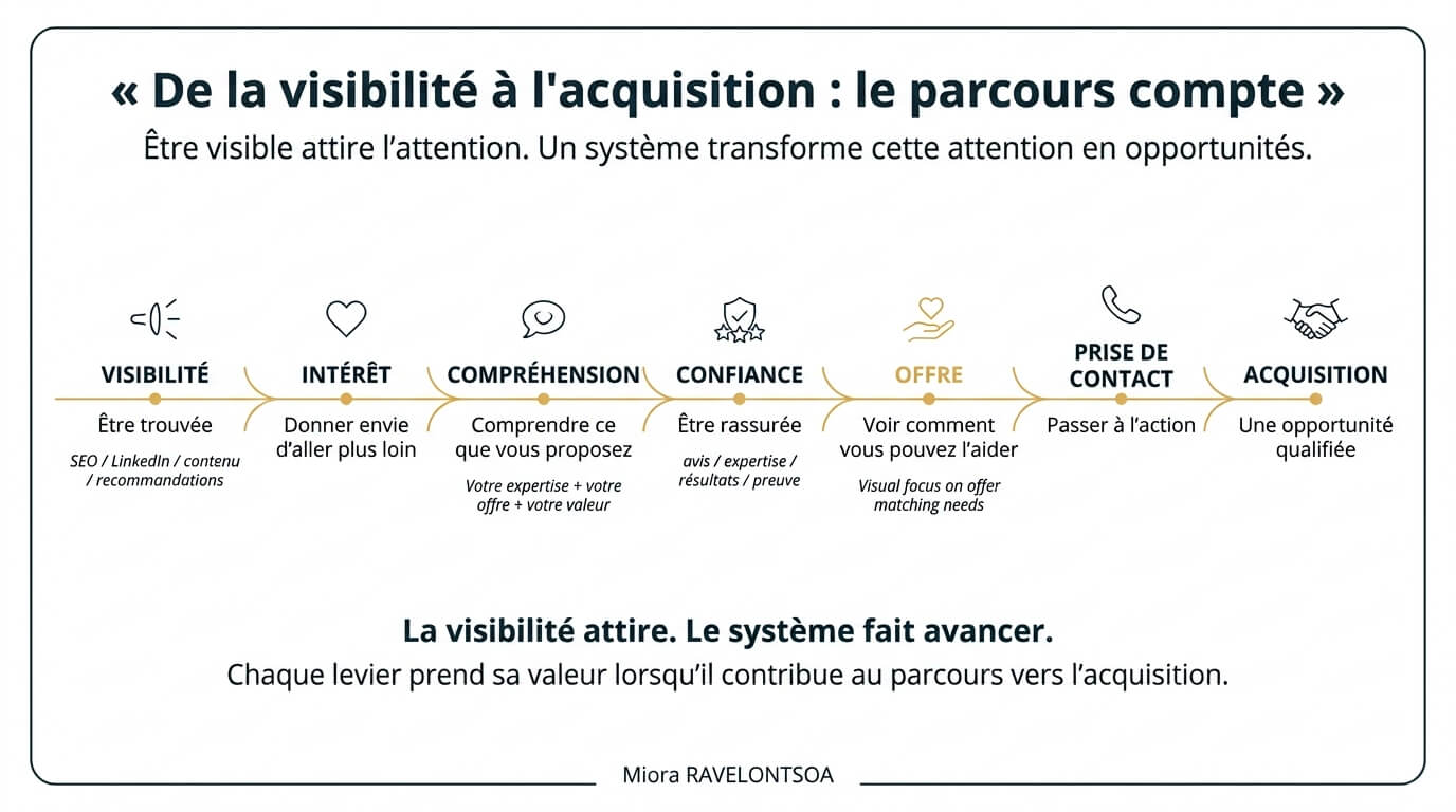 Schéma illustrant le parcours d’une personne de la visibilité jusqu’à la prise de contact et à l’acquisition.