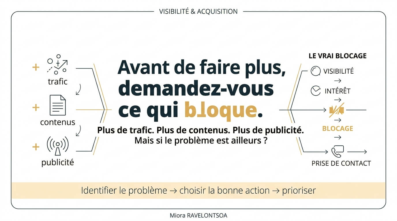 Visuel éditorial invitant à identifier ce qui bloque avant d’ajouter du trafic, du contenu ou de la publicité.