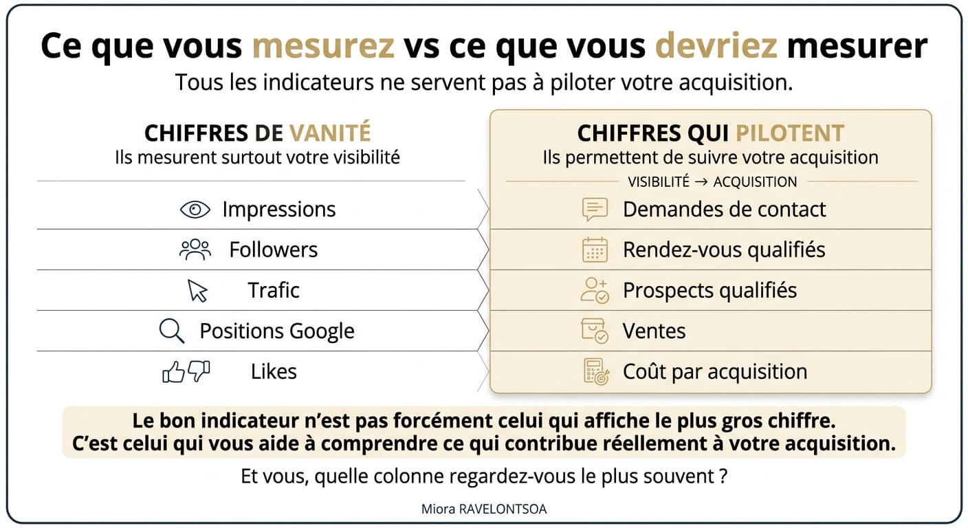 Tableau comparant les indicateurs de visibilité aux indicateurs liés à l'acquisition client