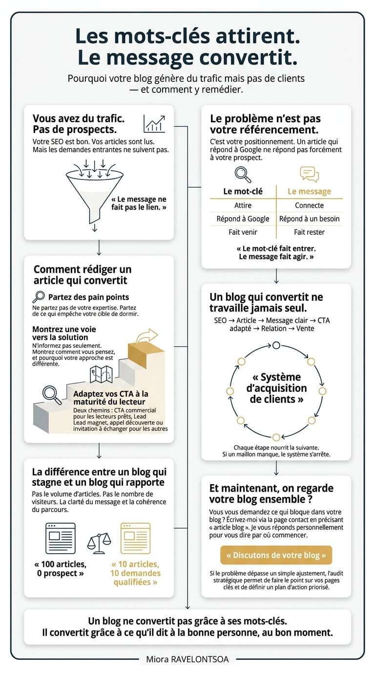Infographie de synthèse en six blocs expliquant pourquoi un blog génère du trafic sans prospects, et comment rédiger un article de blog qui convertit.