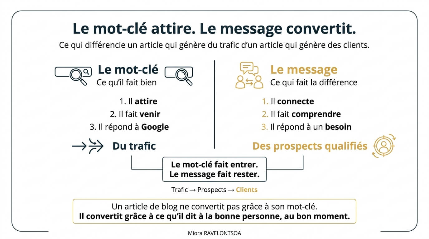 Schéma comparatif en deux colonnes opposant le mot-clé qui attire du trafic et le message qui génère des prospects qualifiés.