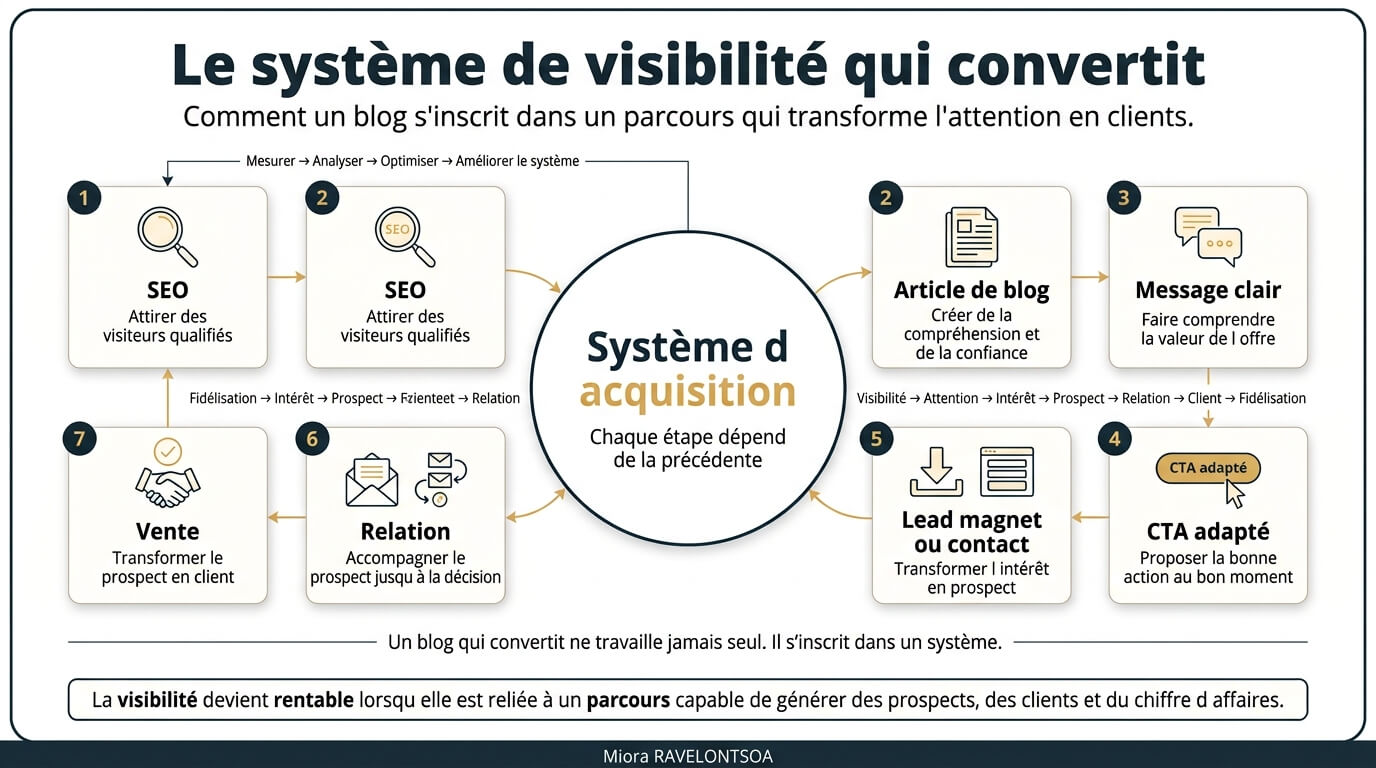 Cartographie circulaire représentant les sept étapes d'un système d'acquisition, du référencement naturel à la vente, avec une boucle d'amélioration continue